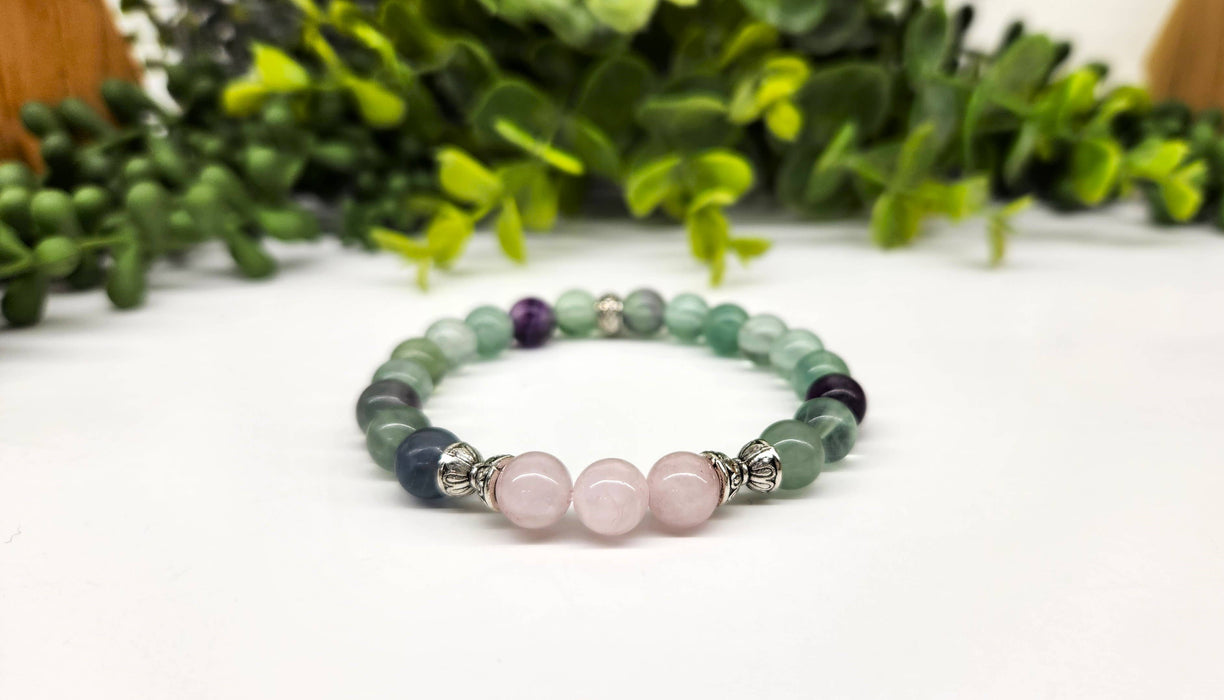 Sisäinen Rauha - Ruusukvartsi / Sateenkaari Fluoriitti rannekoru 19 cm Pitkä