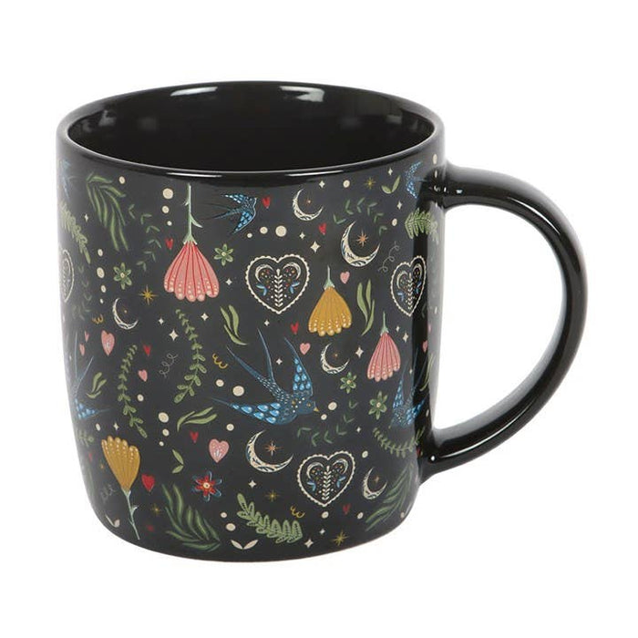 Black Midnight Bloom Folk Floral Print Mug 350ml