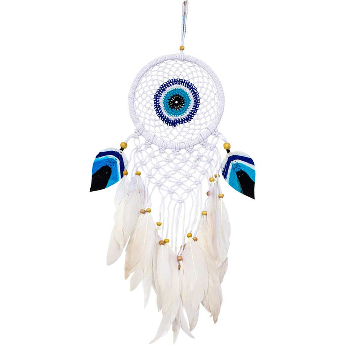 Boho tyylinen unisieppari Evil Eye - Valkoinen makramee ja valkoiset sulat