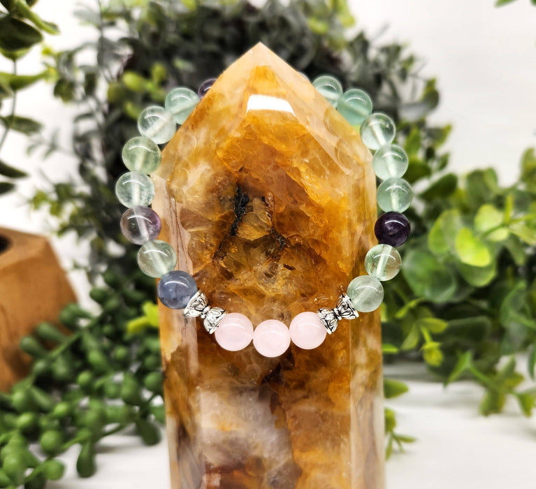 Sisäinen Rauha - Ruusukvartsi / Sateenkaari Fluoriitti rannekoru 19 cm Pitkä