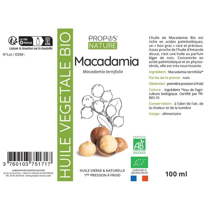 Macadamia-pähkinäöljy (Macadamia Vegetable Oil) 50ml - Laboratoire Propos'Nature