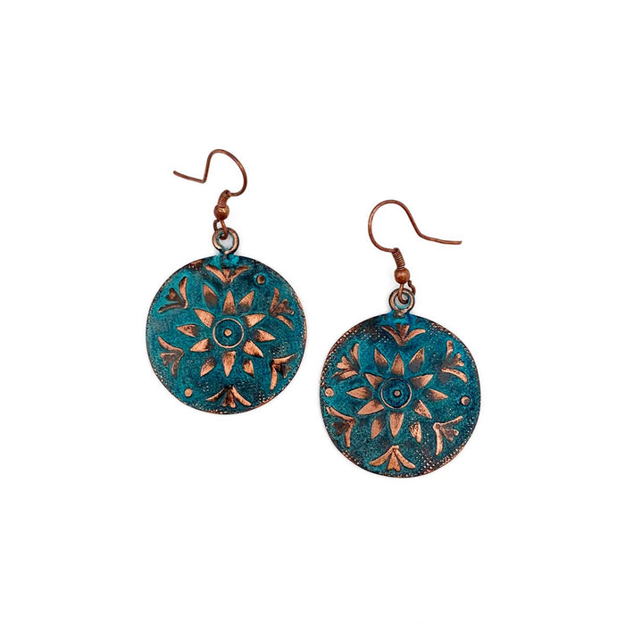 Copper patinated Earrings - Turquoise Sunflower circle