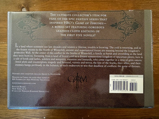 A Game of Thrones, viiden kirjan lahjapakkauksen takakansi