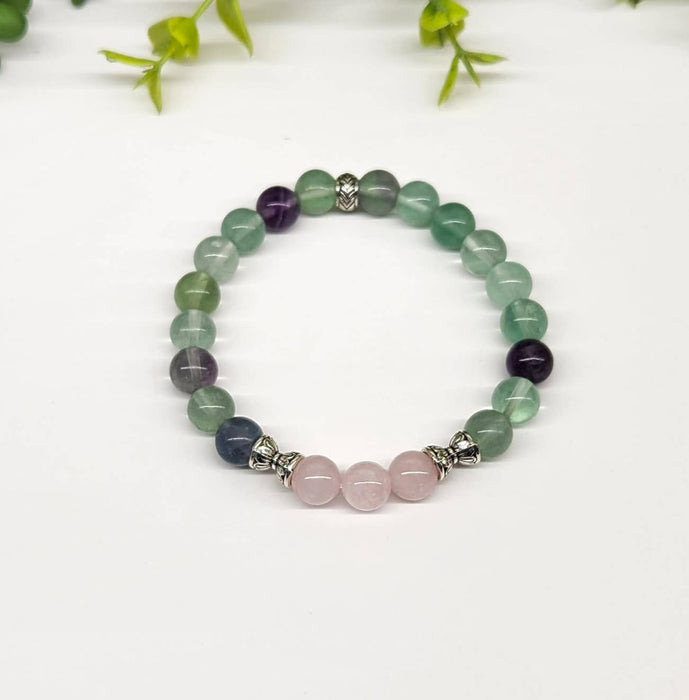 Sisäinen Rauha - Ruusukvartsi / Sateenkaari Fluoriitti rannekoru 19 cm Pitkä