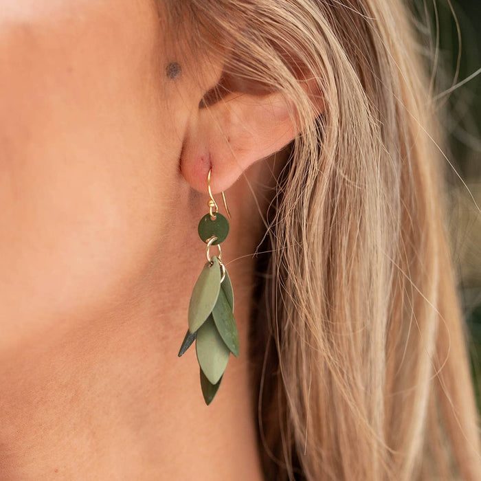 Green Layered Leaves - Patinated Brass Earrings