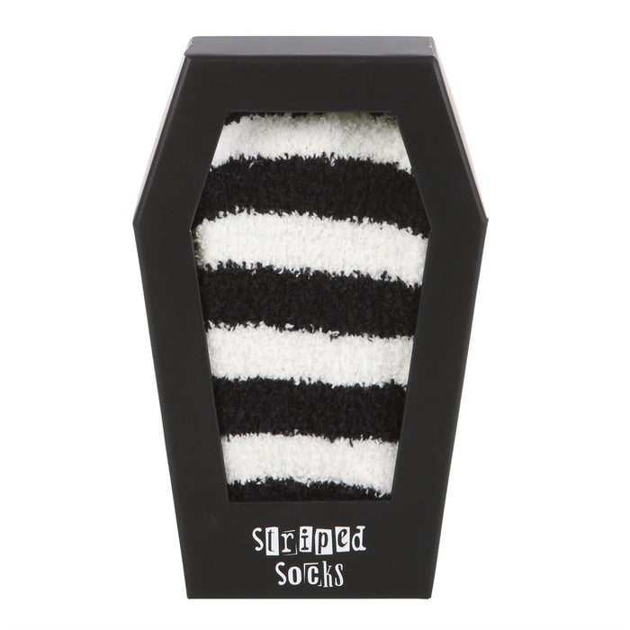 Fluffy striped socks in a gift box