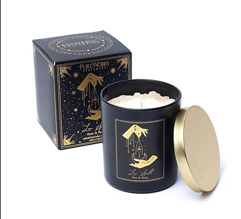 Love Spell-manifestointikynttilä lasipurkissa kannella