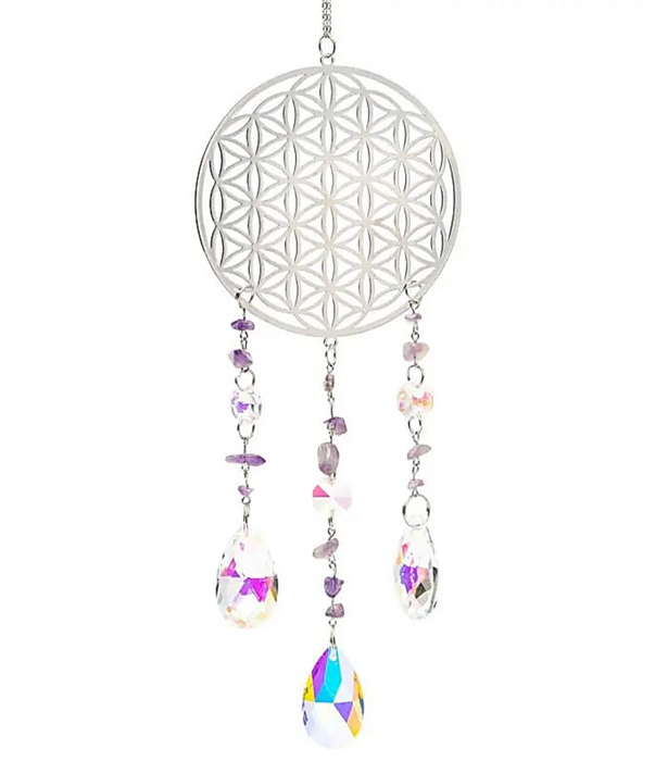 Flower of Life -aurinkosieppari – ametisti & kristalliriipus