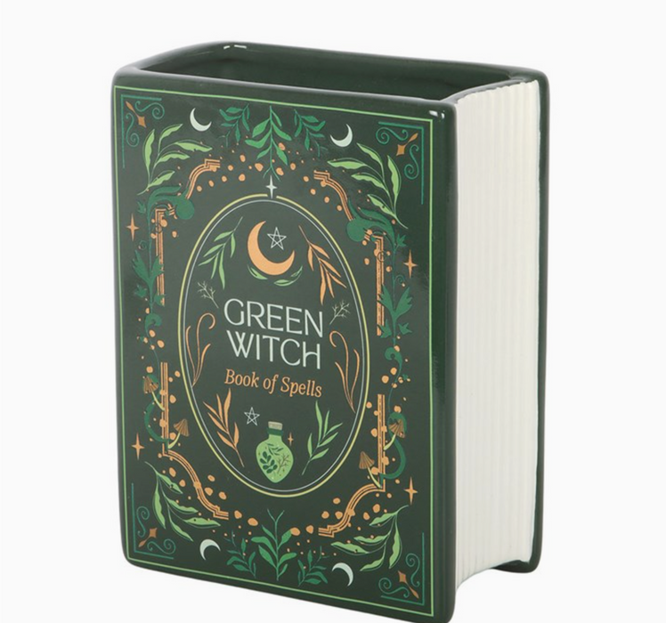 Green Witch book of spells -kirjan muotoinen keraaminen maljakko