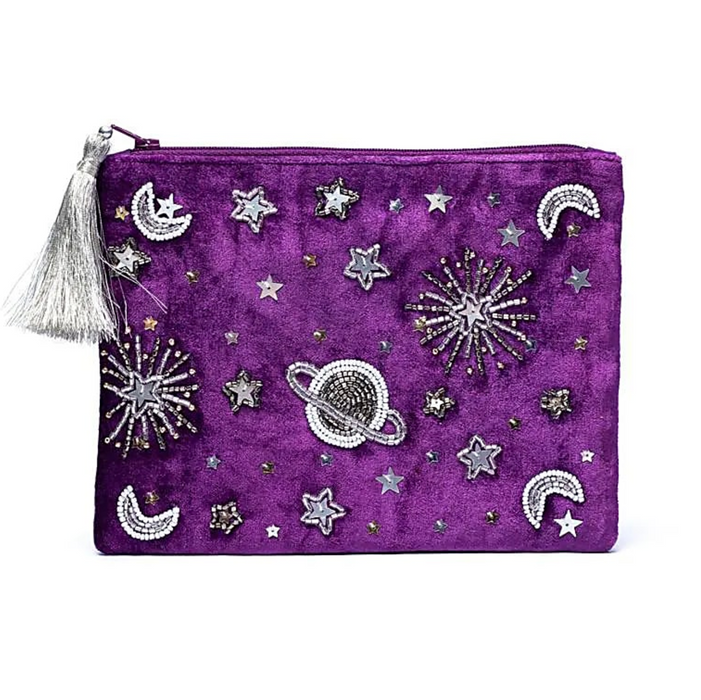 Kirjailtu samettipussi vetoketjulla n. 20x15cm