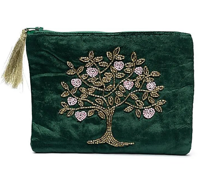 Kirjailtu samettipussi vetoketjulla n. 20x15cm