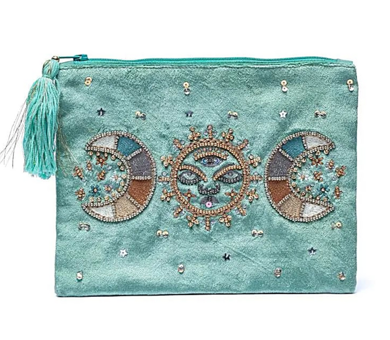 Kirjailtu samettipussi vetoketjulla n. 20x15cm