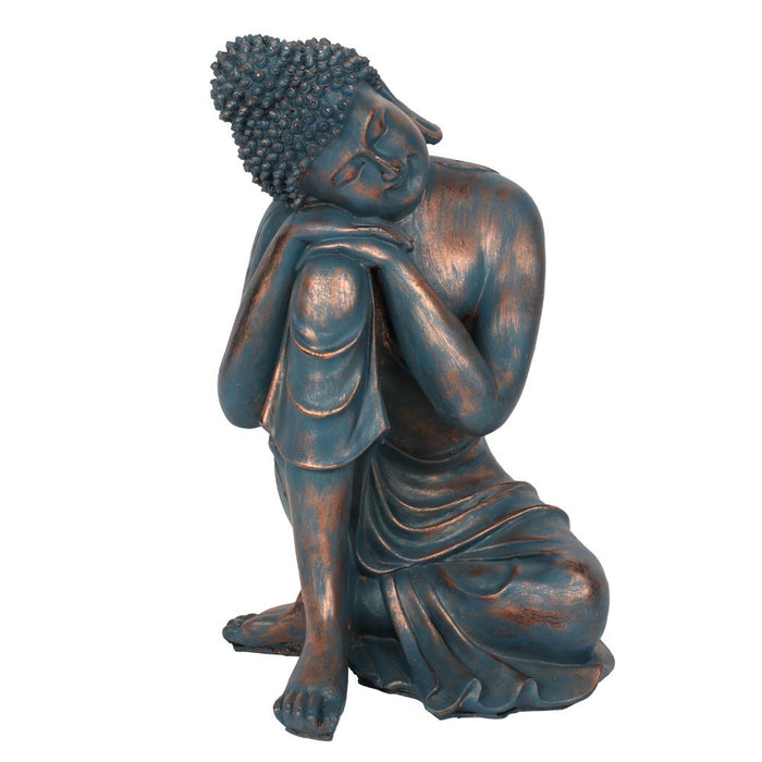 Sinertävä patinoitu nojaileva Buddha patsas n.35cm