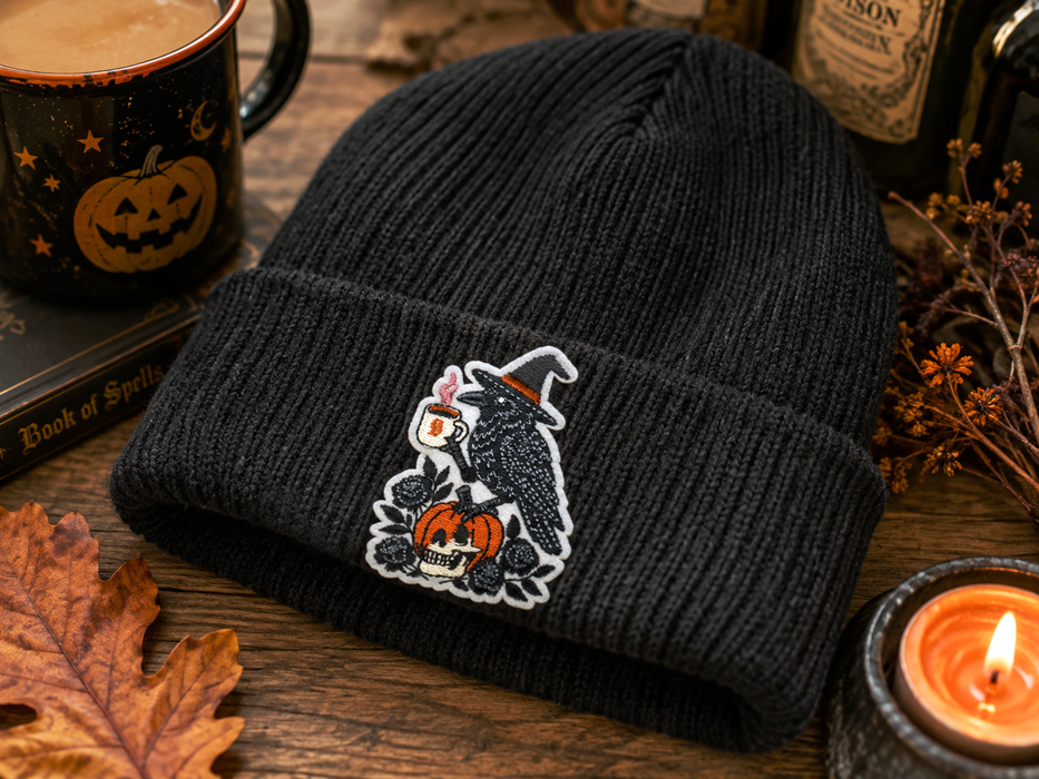 Crow Pumpkin Coffee Skull Witch – kangasmerkki