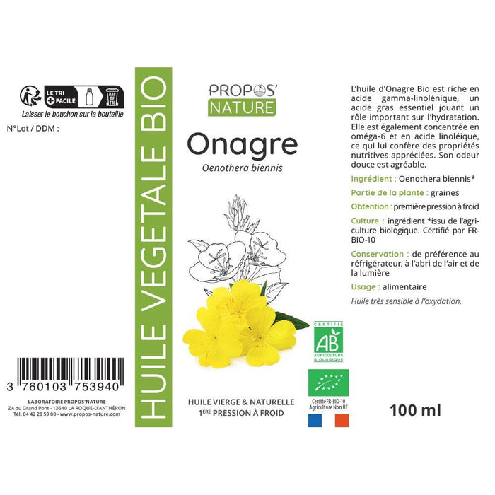 Organic Evening Primrose Vegetable Oil 100ml - Laboratoire Propos'Nature