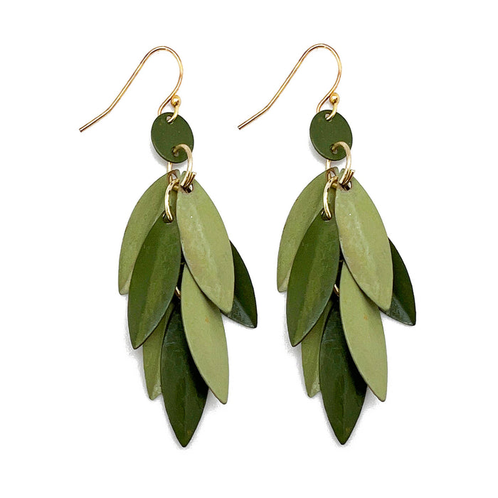 Green Layered Leaves - Patinated Brass Earrings