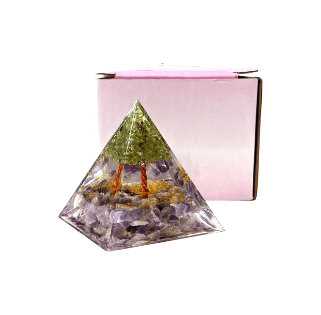 Ametisti ja peridootti orgoniittipyramidi Elämänpuu 6 cm