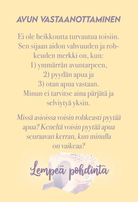 Lempeästi itseni puolella -kortti Lempeä pohdinta
