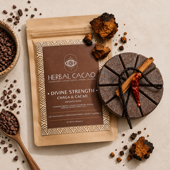 Divine Strength Chaga & Cacao - Seremoniallinen kaakao - Herbal Cacao 100g