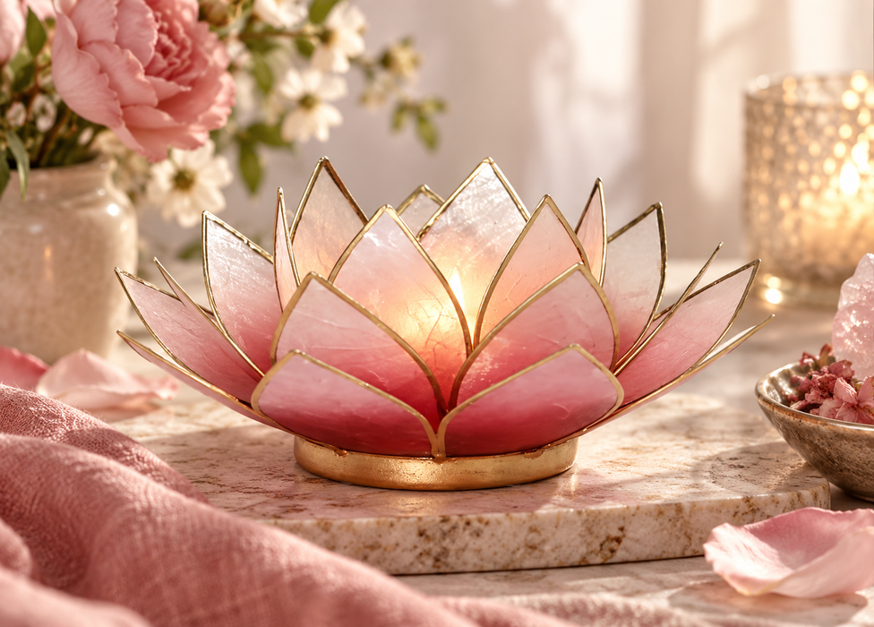 Lotus kynttilälyhty punainen/pinkki, kultainen reunus