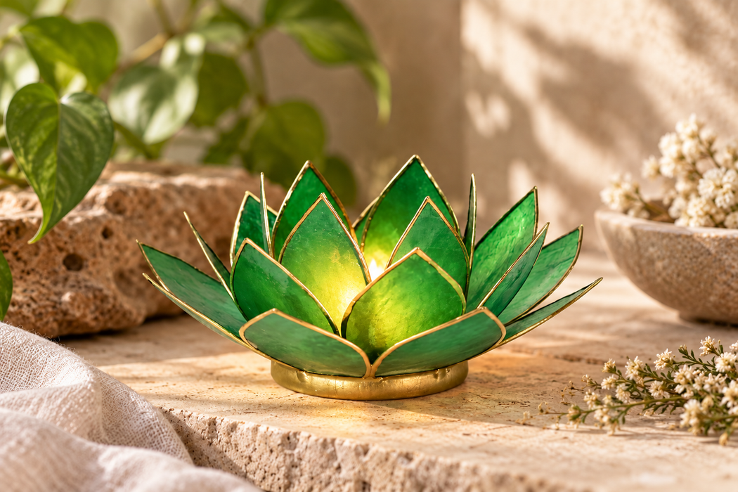 Lotus Chakra lyhty vihreä kultareunuksin (sydän chakra)