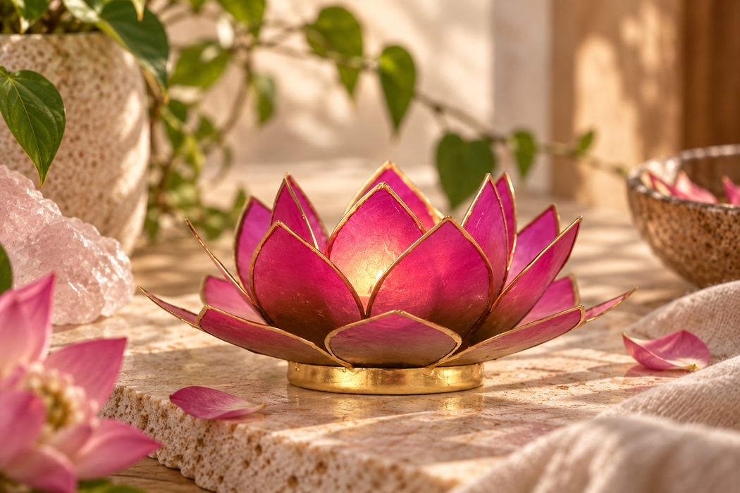 Lotus kynttilälyhty vihreä ja pinkki kultareunus