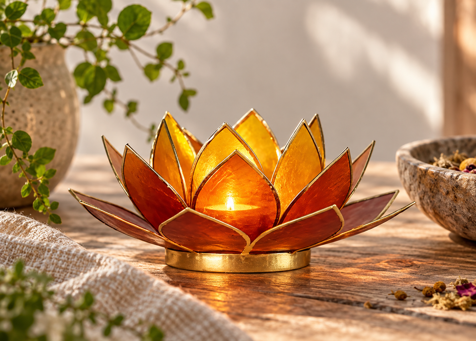 Lotus chakra kynttilälyhty oranssi/punanen/keltanen kultareunus