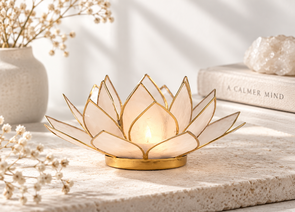 Lotus kynttilälyhty luonnonvalkoinen, (läpikuultava) kultainen reunus