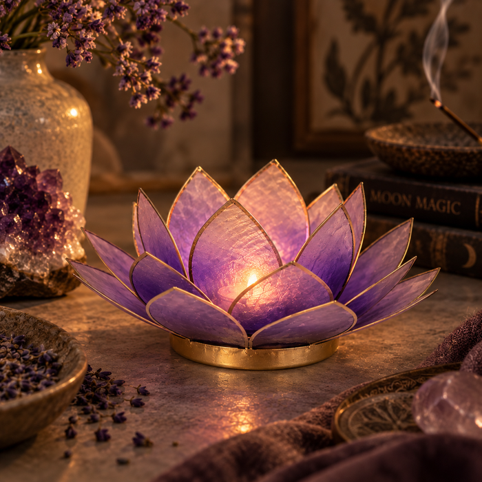 Lotus kynttilälyhty violetti, kultainen reunus