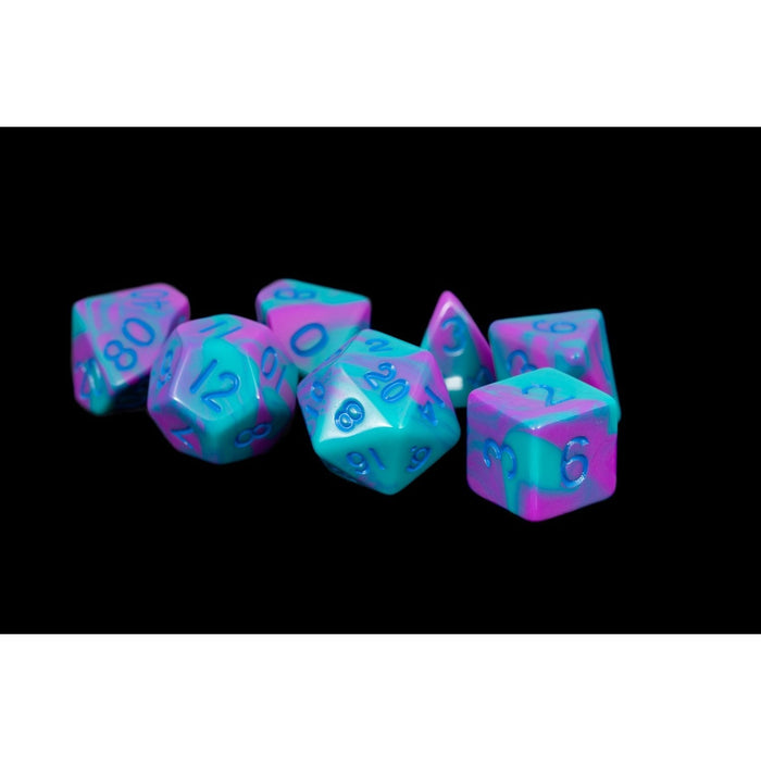 16mm Acrylic Polyhedral Dice Set - Purple/Teal, blue numbers - Metallic Dice Games - Tarotpuoti