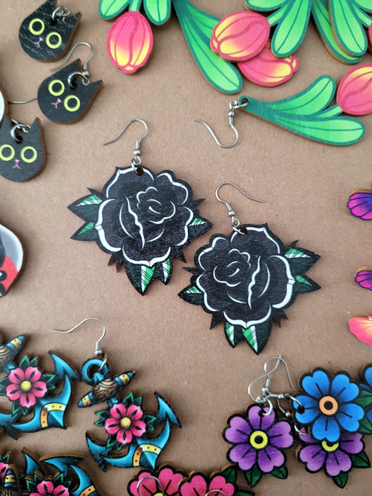 Earrings Old School Roses Black - Koreena Design