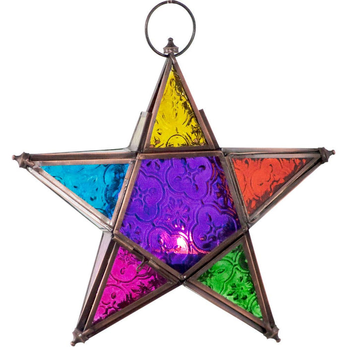Monivärinen pentagrammi kynttilälyhty (lasia ja metallia) n20cm