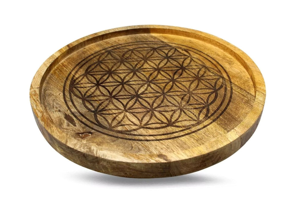 Mango Wood tarjotin kristalleille Flower of Life 15 cm - Tarotpuoti